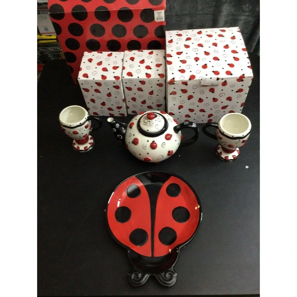 Ladybugs Swirls Ceramic Teapot & 2 Mugs and Plate White Black Red Burton/Burton